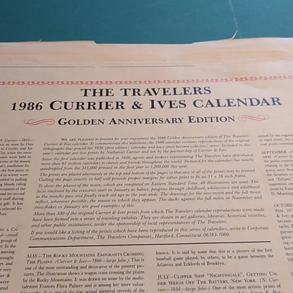 Currier & Ives Calendar 1986 Travelers Golden Anniversary Edition
